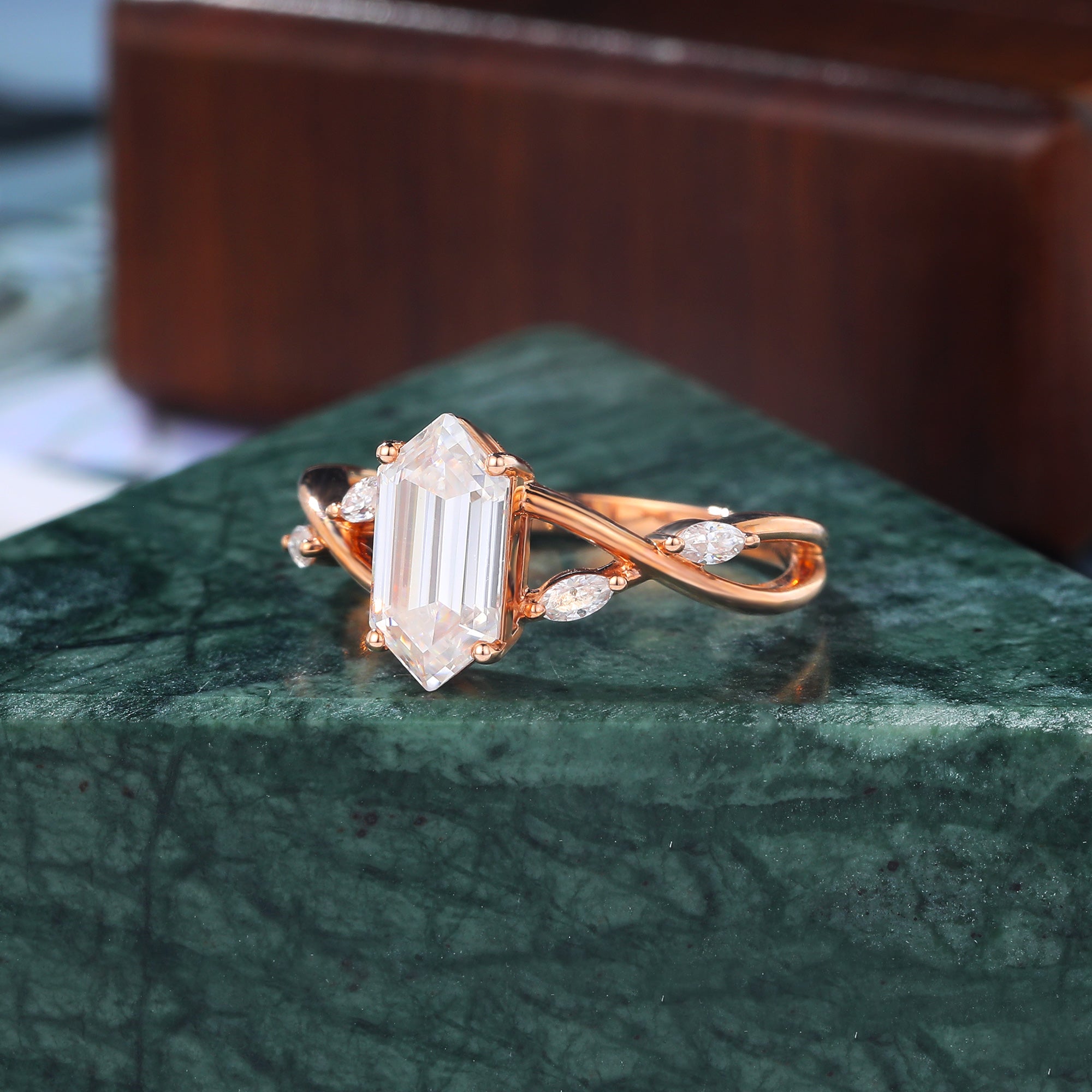 Long Hexagon cut moissanite rose gold engagement Ring.