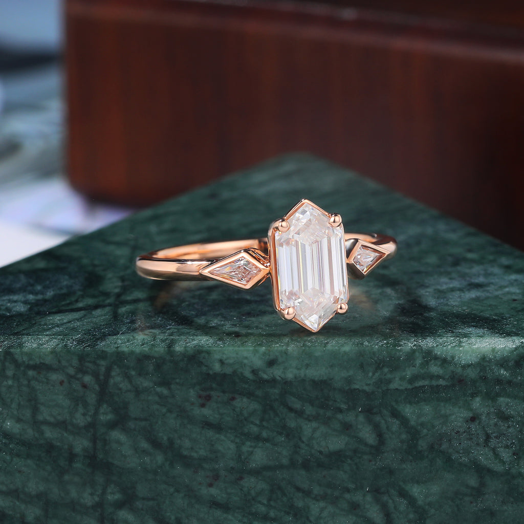 Long Hexagon cut moissanite rose gold engagement Ring.