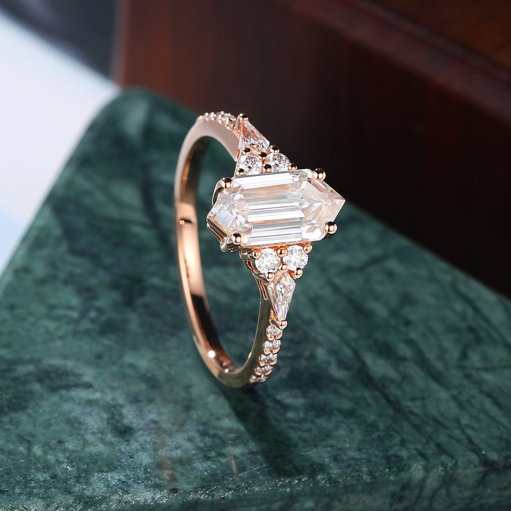 Long Hexagon cut moissanite rose gold engagement Ring.