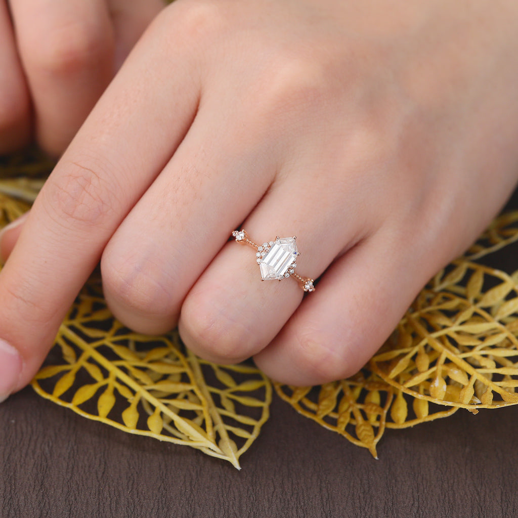 Long Hexagon cut moissanite rose gold engagement Ring.