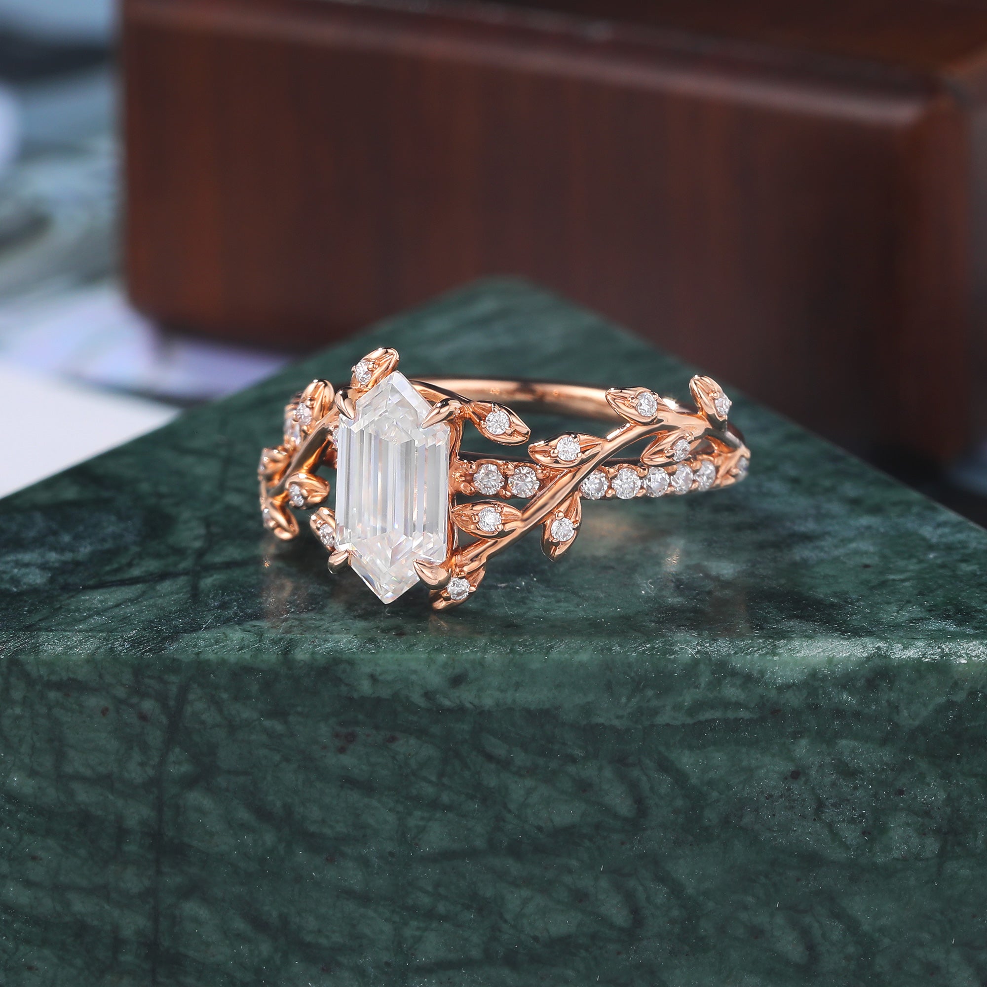 Long Hexagon cut moissanite rose gold engagement Ring.