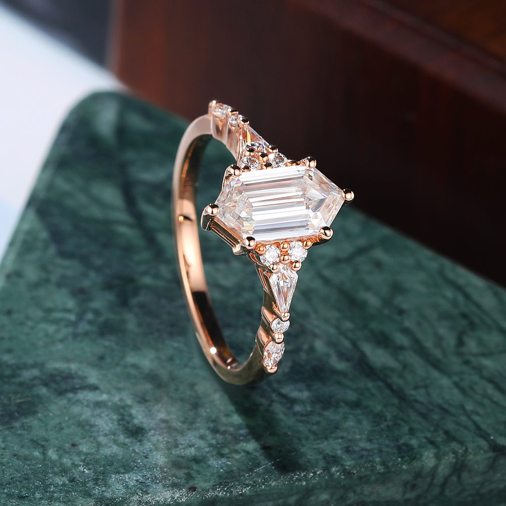 Long Hexagon cut moissanite rose gold engagement Ring.
