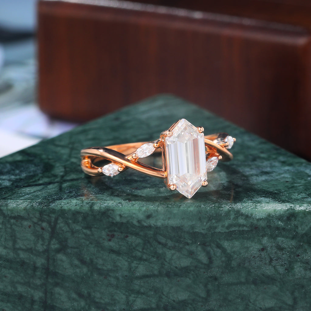 Long Hexagon cut moissanite rose gold engagement Ring.