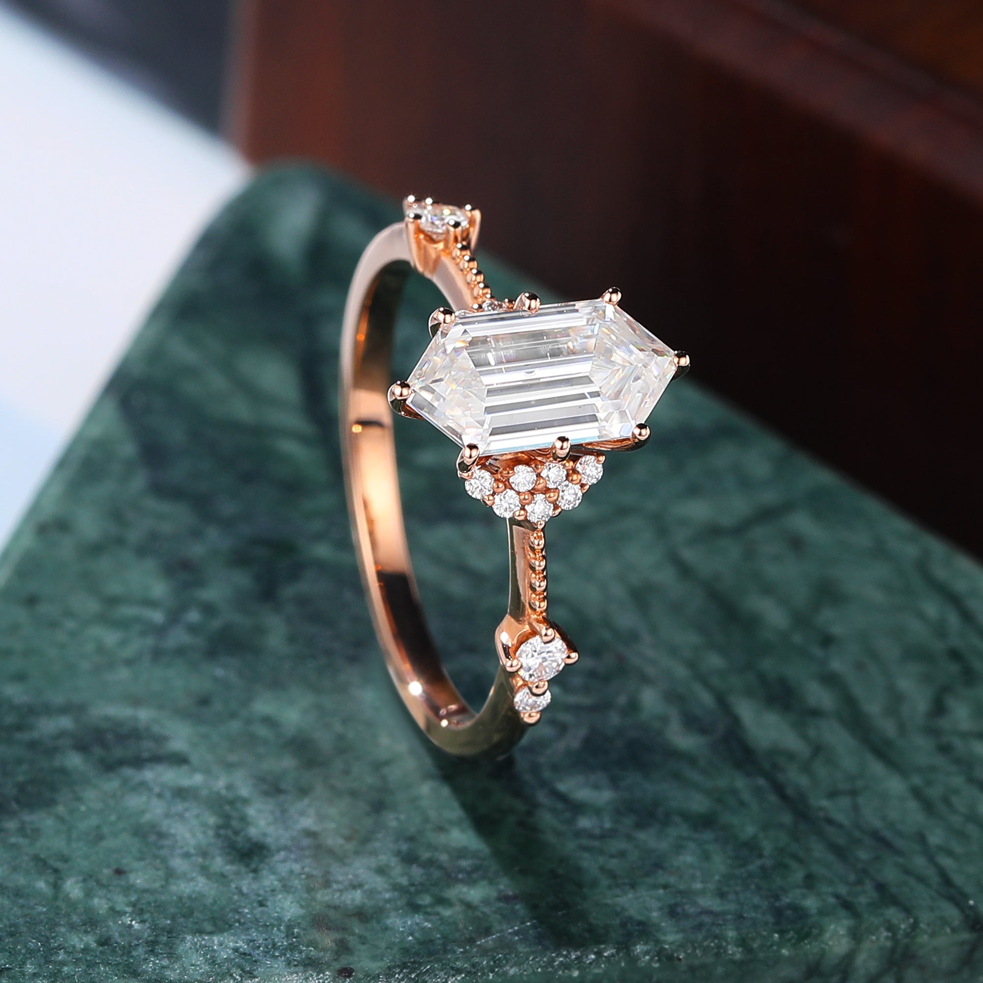Long Hexagon cut moissanite rose gold engagement Ring.