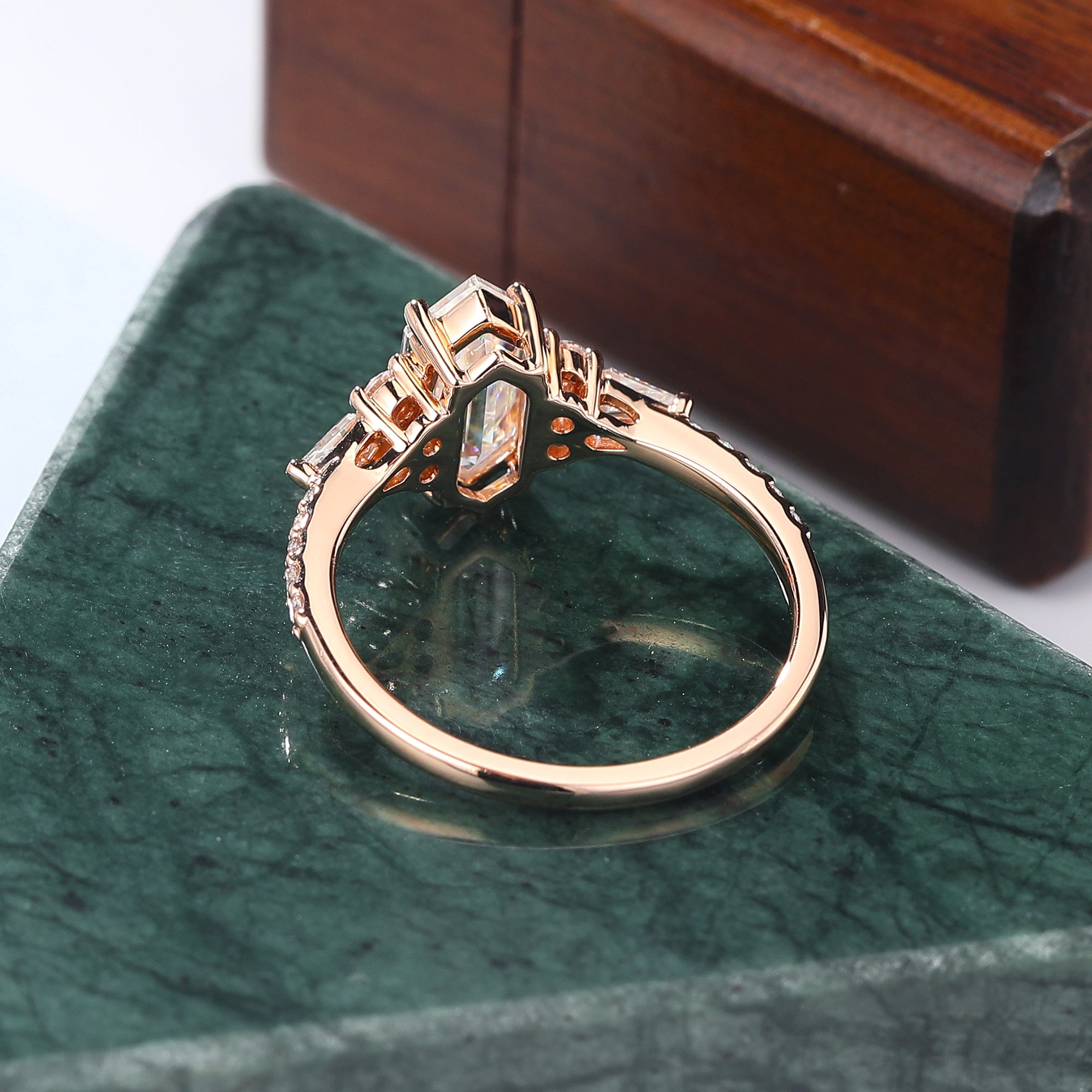 Long Hexagon cut moissanite rose gold engagement Ring.