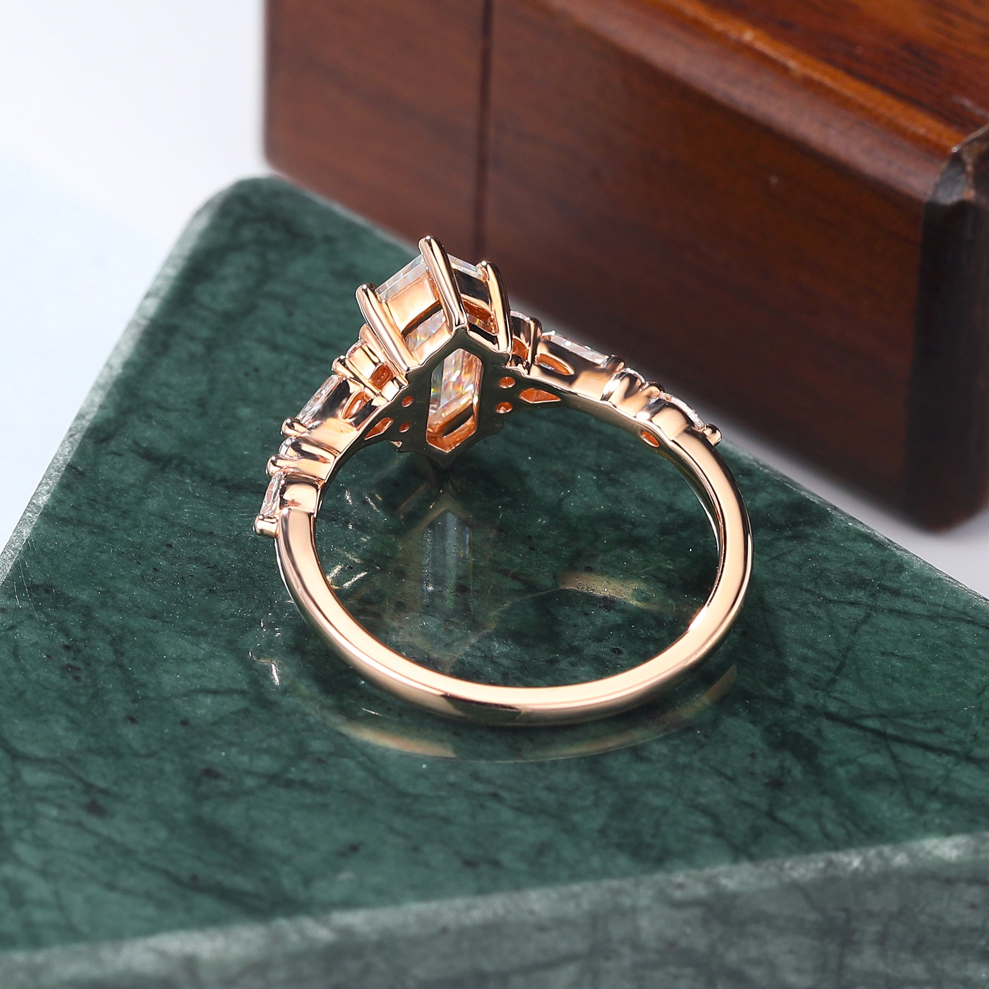 Long Hexagon cut moissanite rose gold engagement Ring.