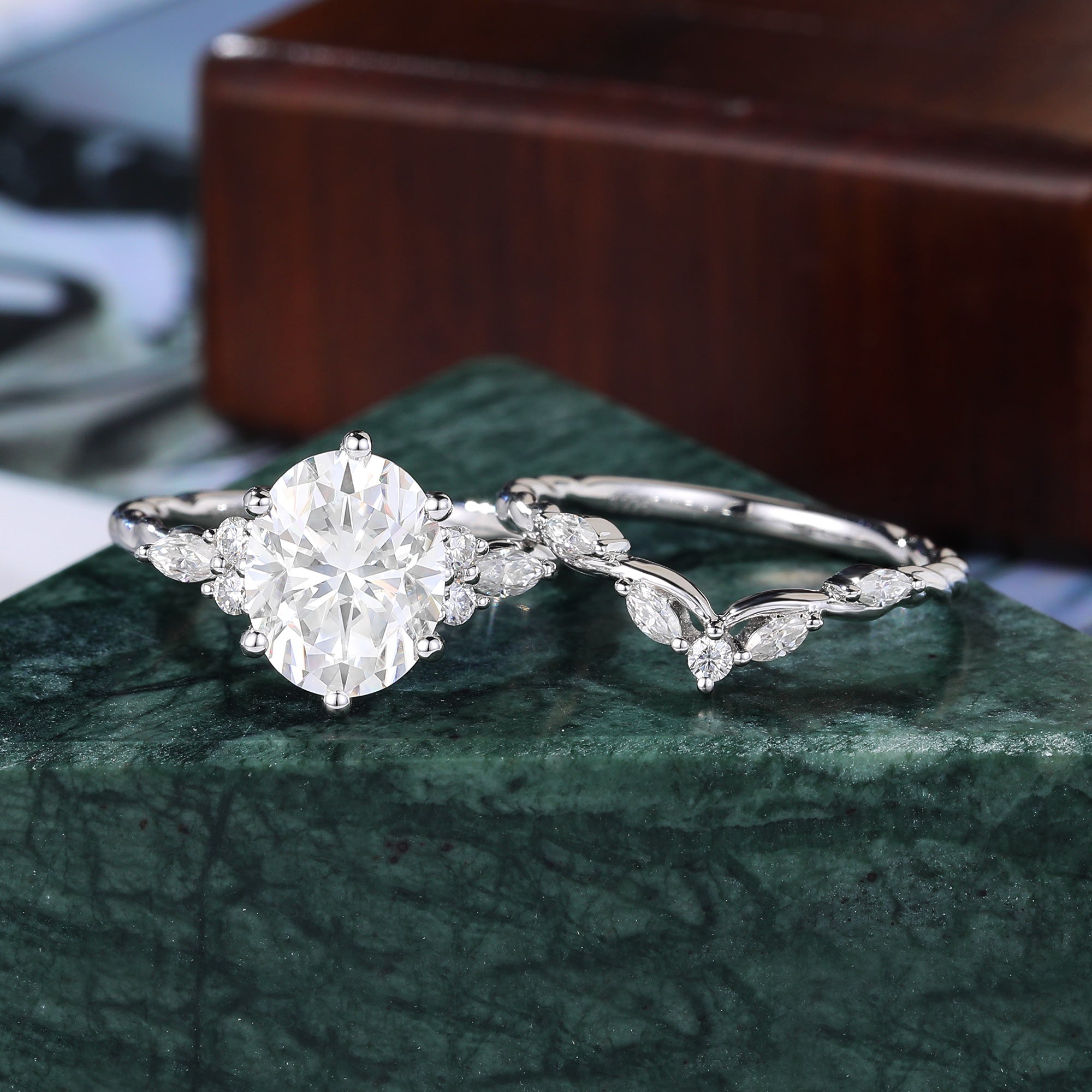 Vintage Oval Moissanite white gold Engagement Ring Set, Cluster  Rose/white/yellow Gold  Bridal Wedding band