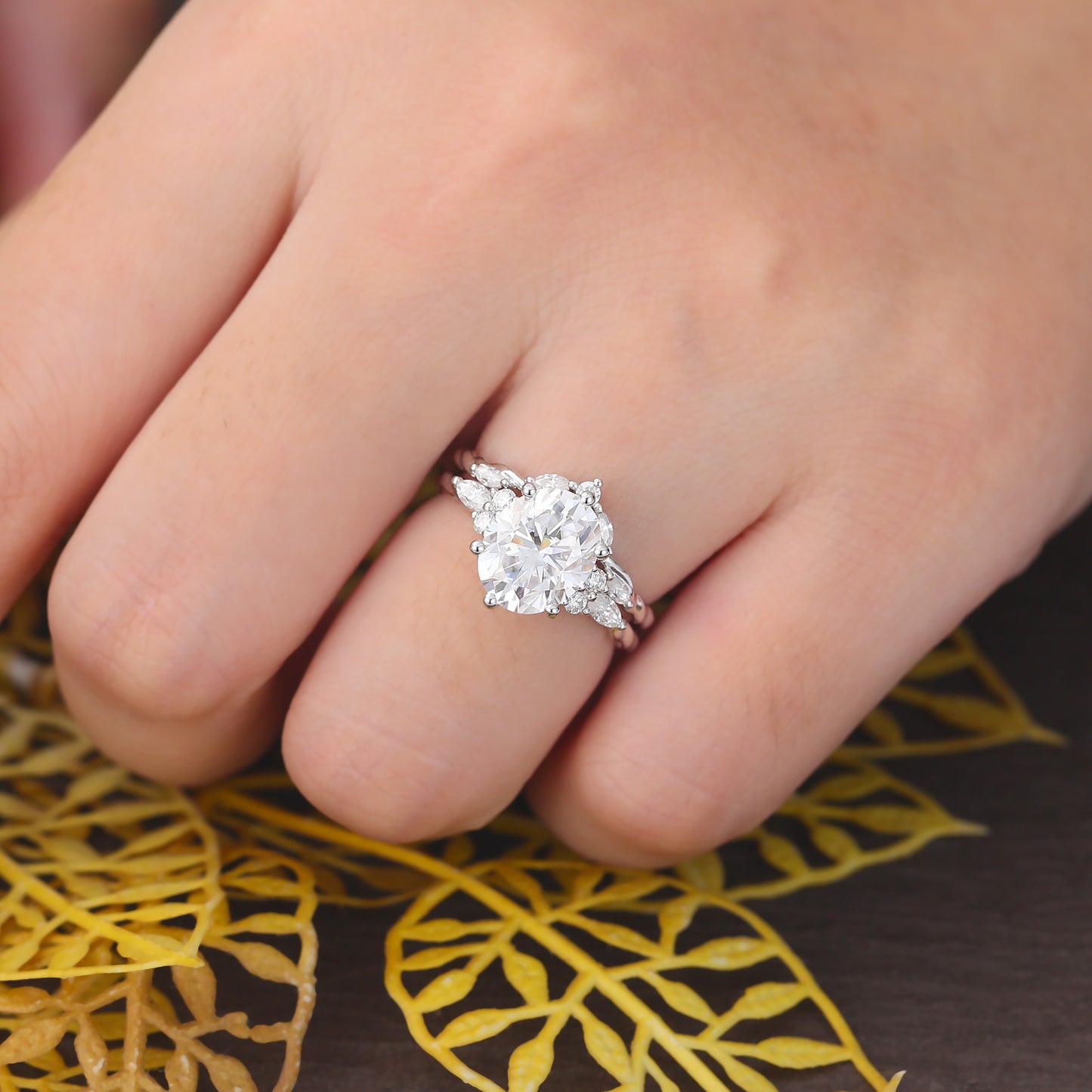 Vintage Oval Moissanite white gold Engagement Ring Set, Cluster  Rose/white/yellow Gold  Bridal Wedding band