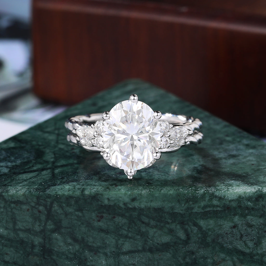 2.5CT Oval Lab grown diamond white gold Engagement Ring Set, Cluster  Rose/white/yellow Gold Lab grown Diamond Bridal Wedding band Unique ring