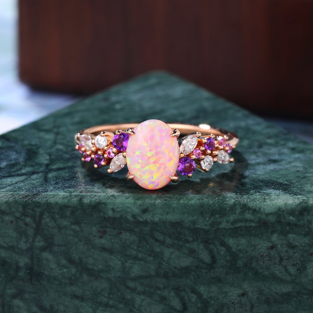 Oval  Lab Pink Opal engagement ring  10k /14k/18k