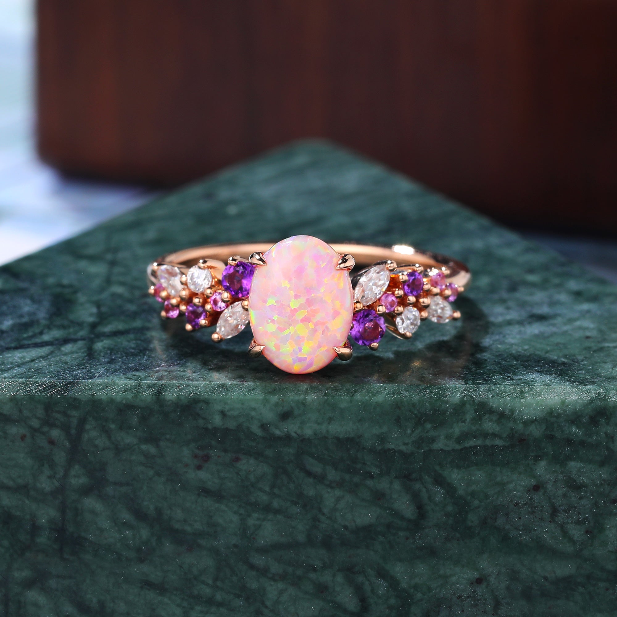 Oval  Lab Pink Opal engagement ring  10k /14k/18k