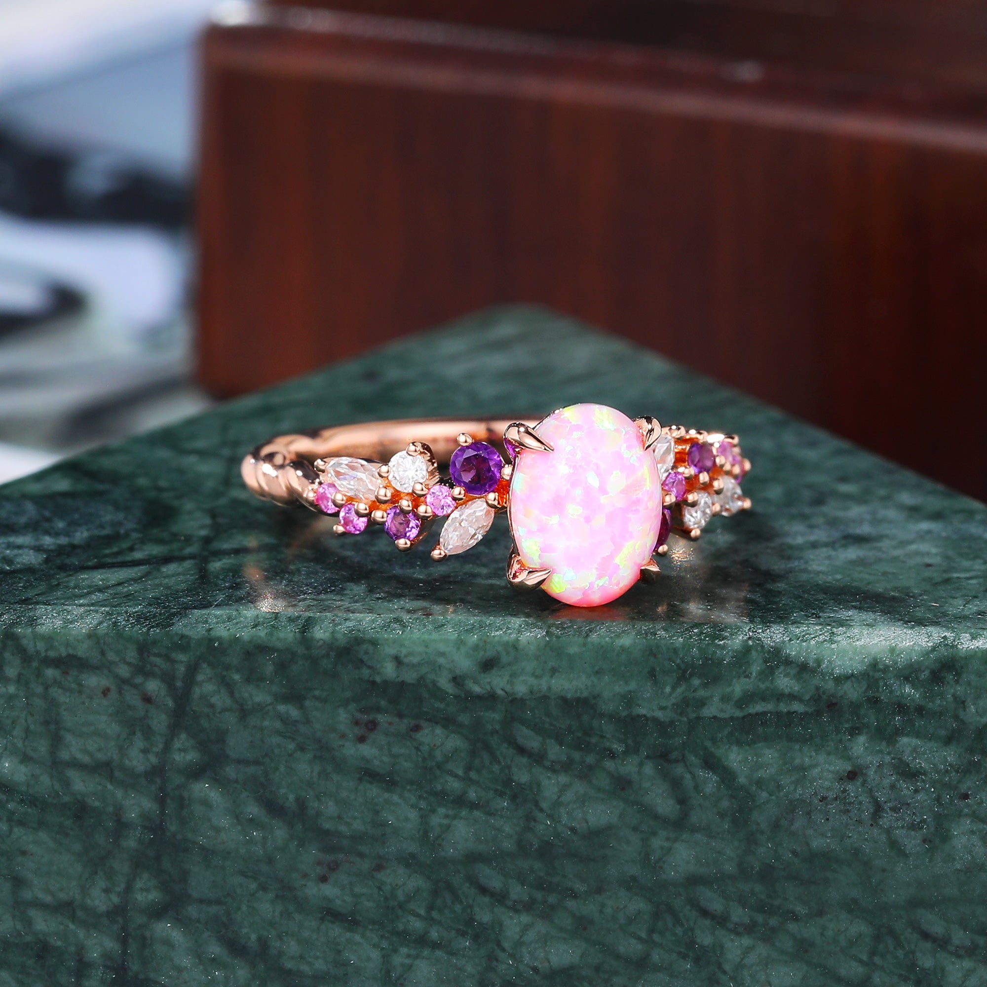Oval cut Lab Pink Opal engagement ring S925/10k/14k/18k gold , unique Bridal ring rose/white/yellow gold