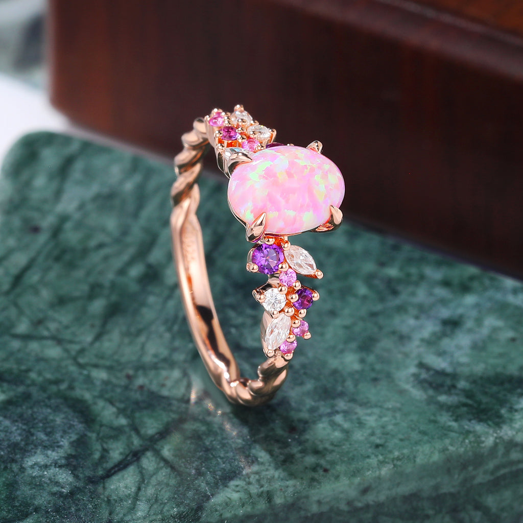 Oval cut Lab Pink Opal engagement ring S925/10k/14k/18k gold , unique Bridal ring rose/white/yellow gold