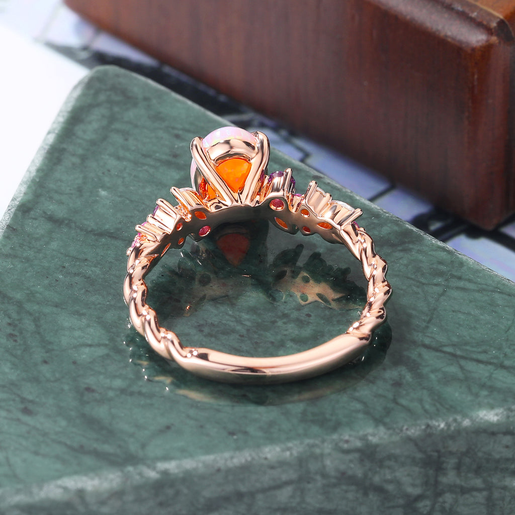 Oval cut Lab Pink Opal engagement ring S925/10k/14k/18k gold , unique Bridal ring rose/white/yellow gold
