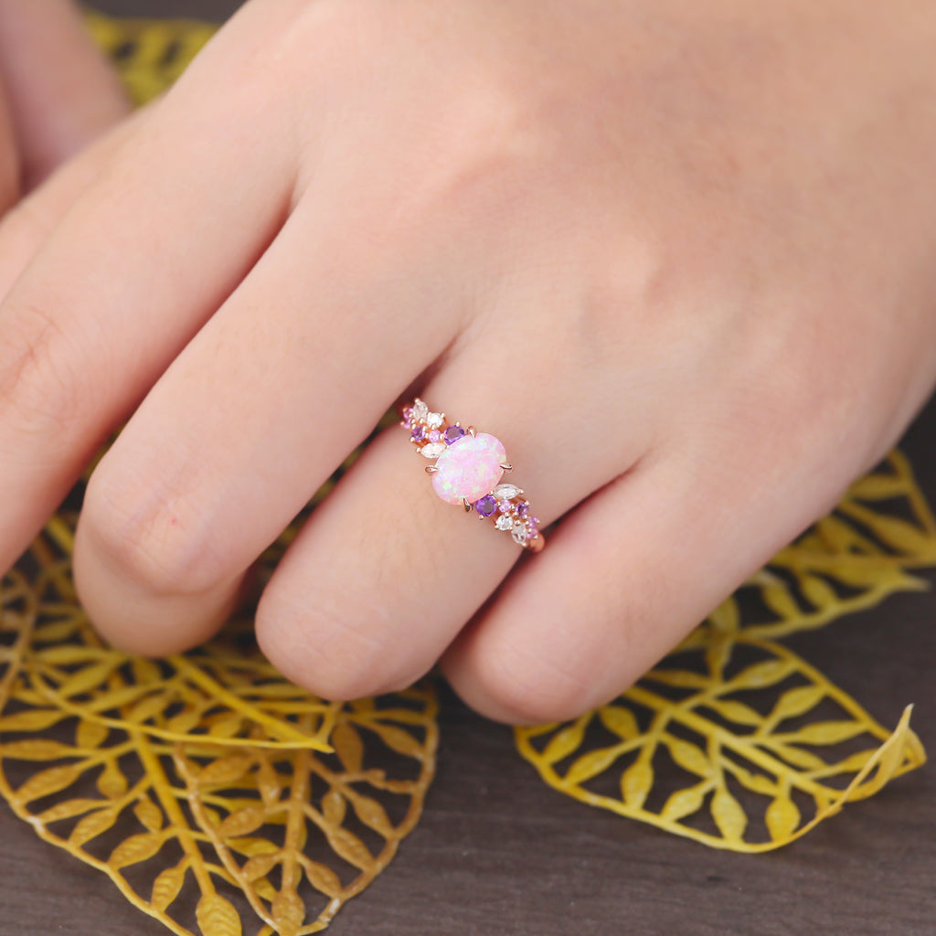 Oval cut Lab Pink Opal engagement ring S925/10k/14k/18k gold , unique Bridal ring rose/white/yellow gold