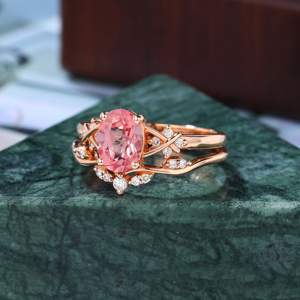 Vintage Oval cut Lab Pink Sapphire rose gold Engagement Ring Set,   S925/10k/14k/18k  rose gold white gold yellow gold