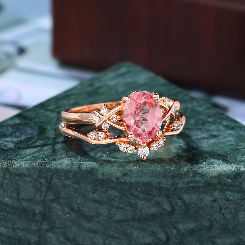 Vintage Oval cut Lab Pink Sapphire rose gold Engagement Ring Set,   S925/10k/14k/18k  rose gold white gold yellow gold