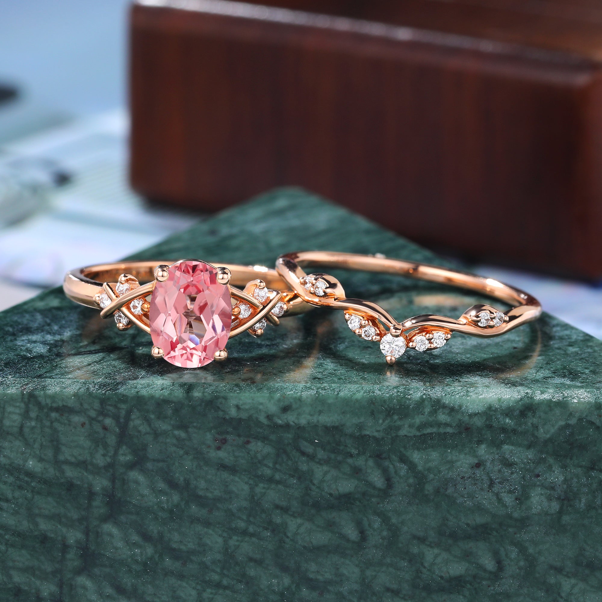 Vintage Oval cut Lab Pink Sapphire rose gold Engagement Ring Set,   S925/10k/14k/18k  rose gold white gold yellow gold