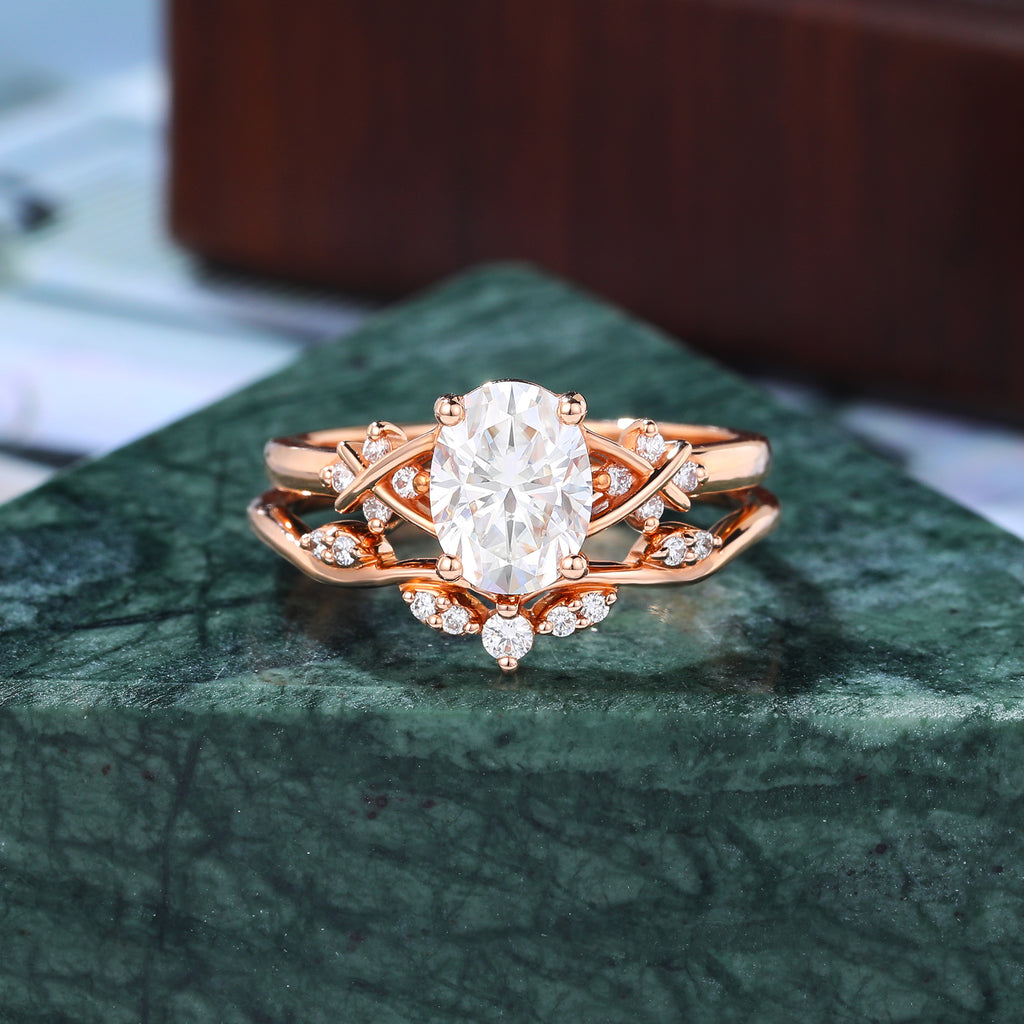 Vintage Oval Lab grown Diamond Engagement Ring Set  Cluster ring Rose white/yellow/Gold Bridal Wedding band.S925/10k/14k/18k