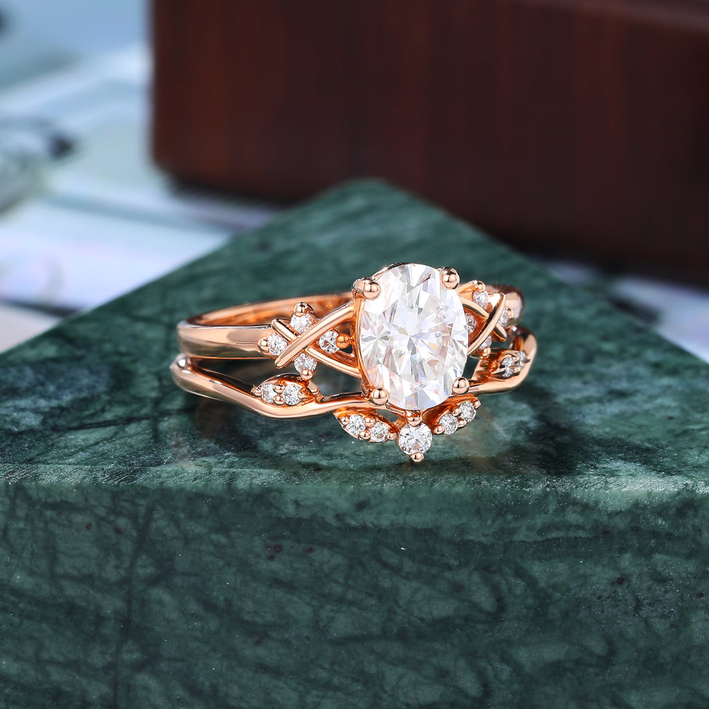 Vintage Oval Lab grown Diamond Engagement Ring Set  Cluster ring Rose white/yellow/Gold Bridal Wedding band.S925/10k/14k/18k