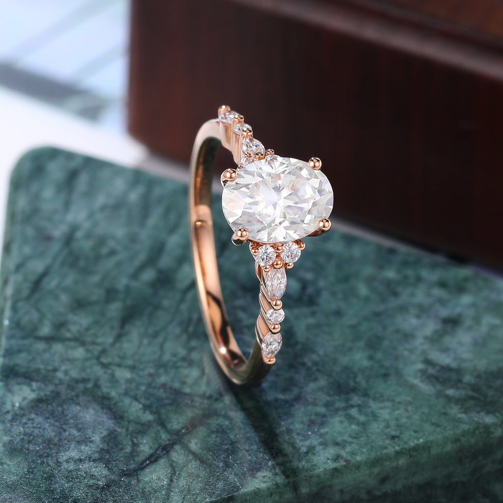 Oval moissanite engagement ring, Cluster rose/white/yellow gold, S925/10k/14/18k gold.
