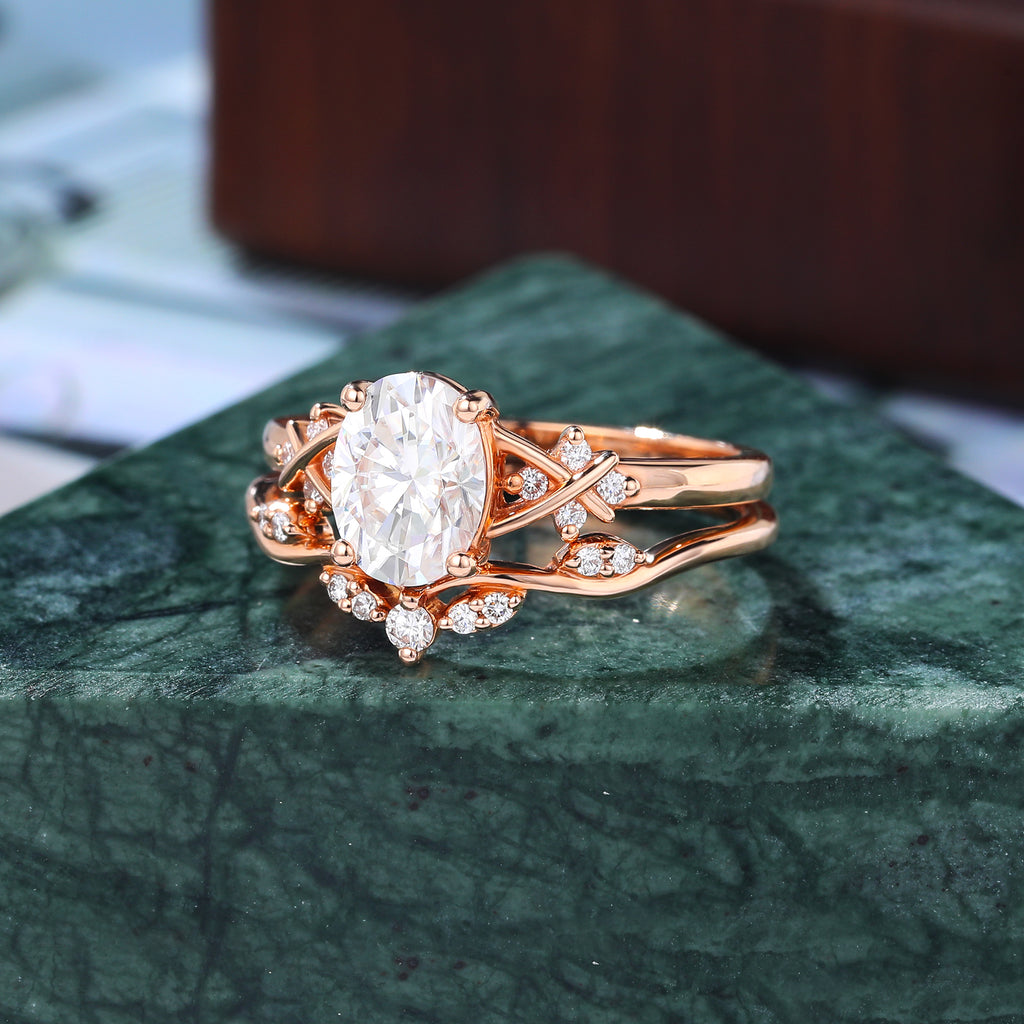 Vintage Oval Moissanite Engagement Ring Set  Cluster ring Rose white/yellow/Gold Bridal Wedding band.S925/10k/14k/18k