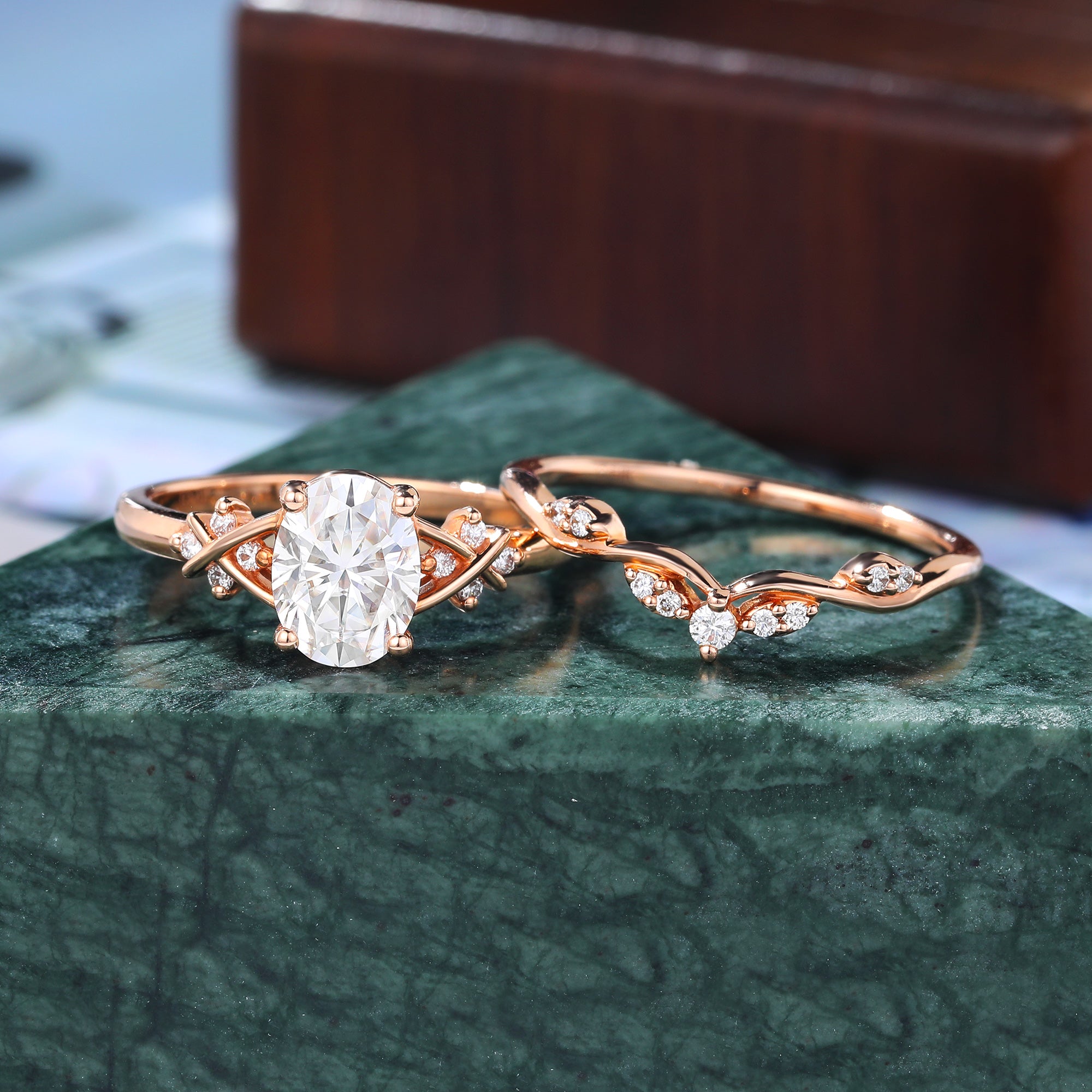 Vintage Oval Moissanite Engagement Ring Set  Cluster ring Rose white/yellow/Gold Bridal Wedding band.S925/10k/14k/18k