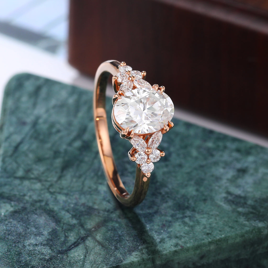 Oval moissanite engagement ring, Cluster rose/white/yellow gold,  S925/10K/14/18k