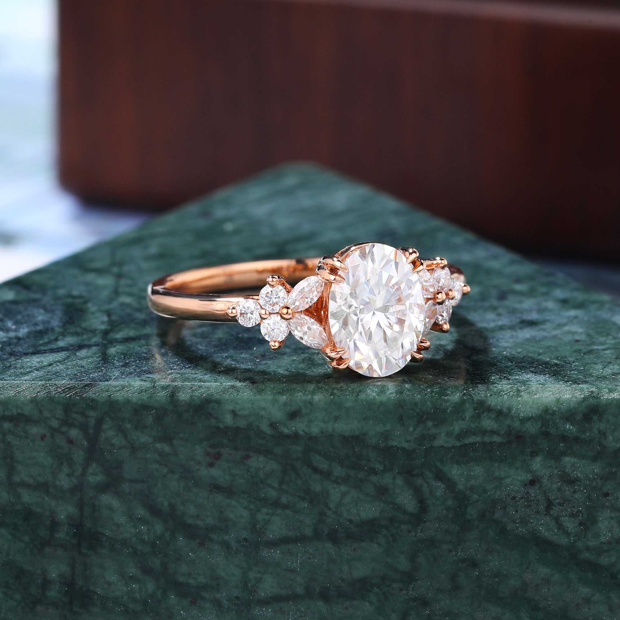 Oval Lab-grown Diamond engagement ring, Cluster rose/white/yellow gold, S925/10K/14/18k gold