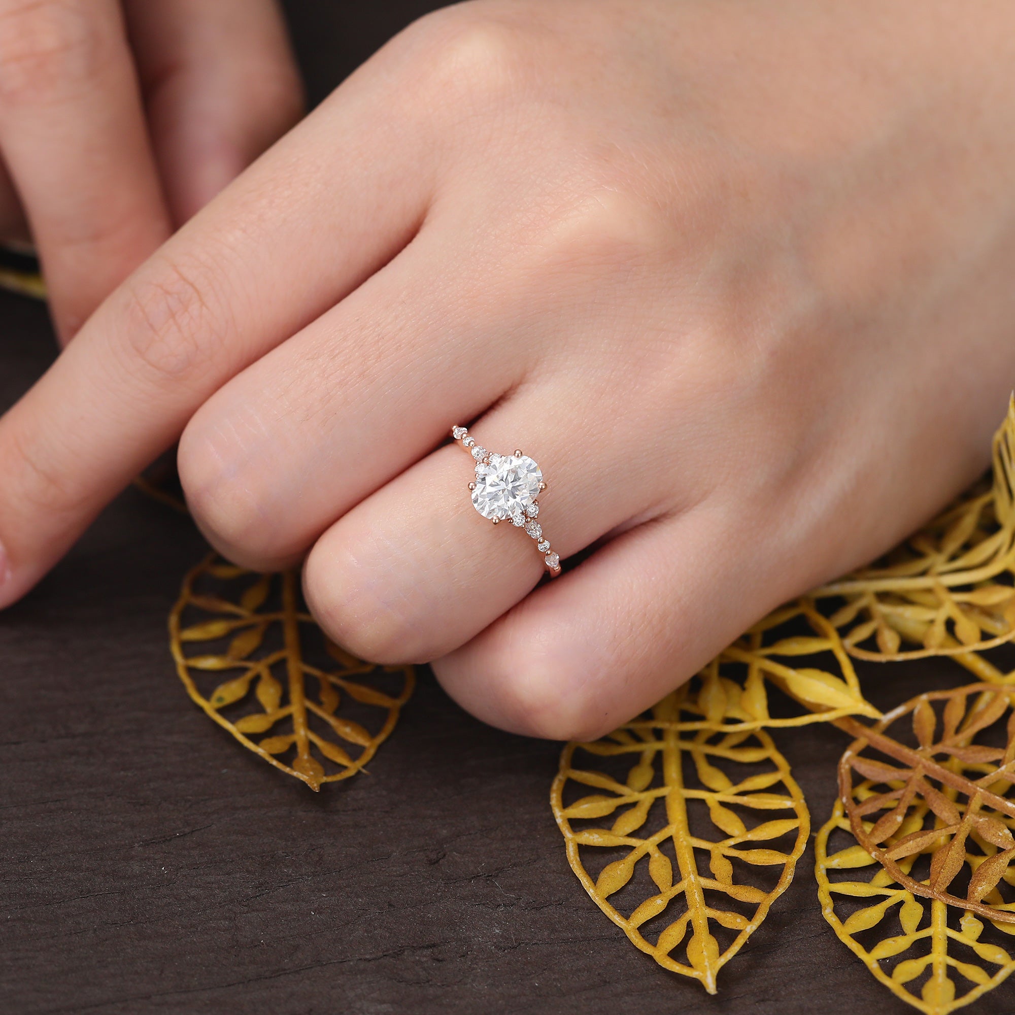 Oval moissanite engagement ring, Cluster rose/white/yellow gold, S925/10k/14/18k gold.