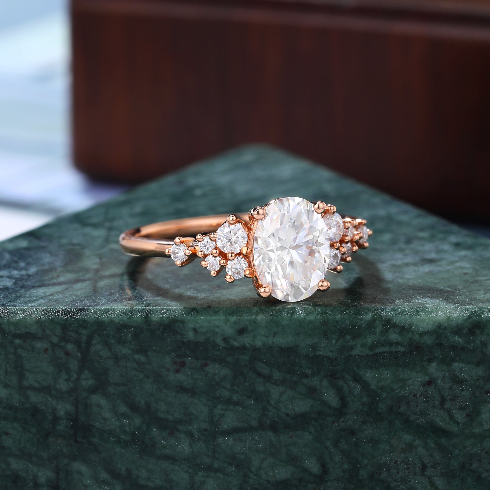 Oval moissanite engagement ring, Cluster rose gold white gold ring, S925/10K/14/18k gold