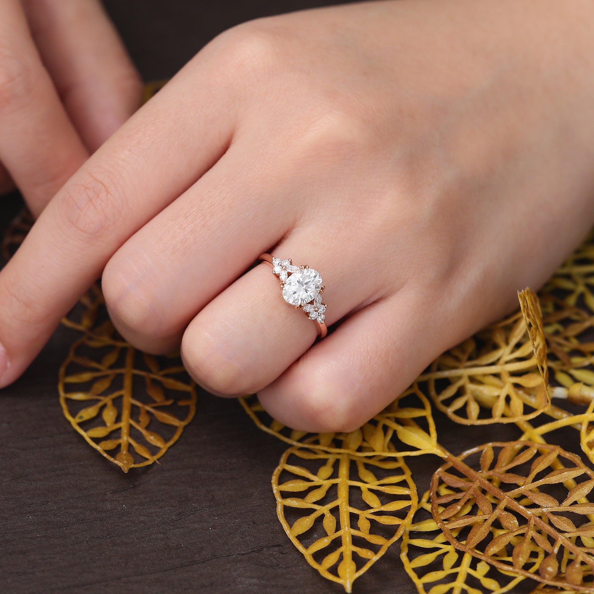 Oval Lab-grown Diamond engagement ring, Cluster rose/white/yellow gold, S925/10K/14/18k gold