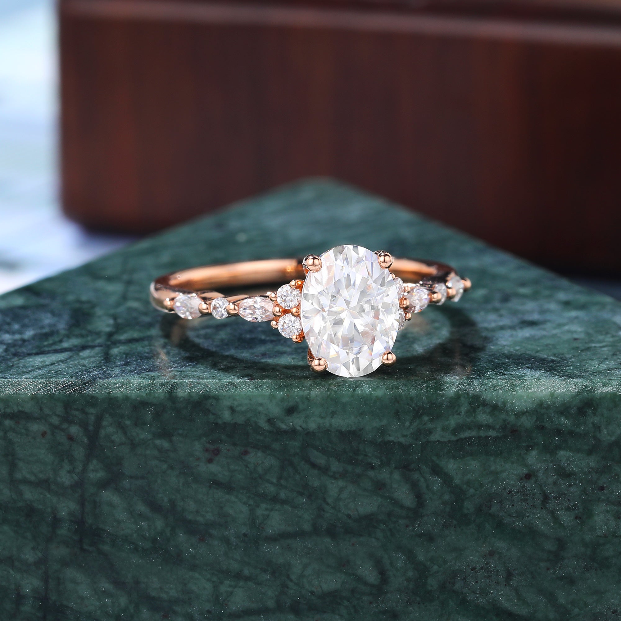 Oval moissanite engagement ring, Cluster rose/white/yellow gold, S925/10k/14/18k gold.