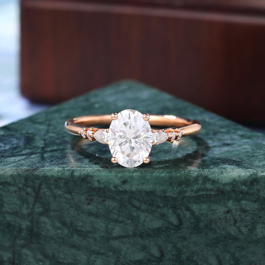 1.5ct Oval Lab grown Diamond engagement ring, Cluster rose gold  ring, anniversary gift 14/18k gold