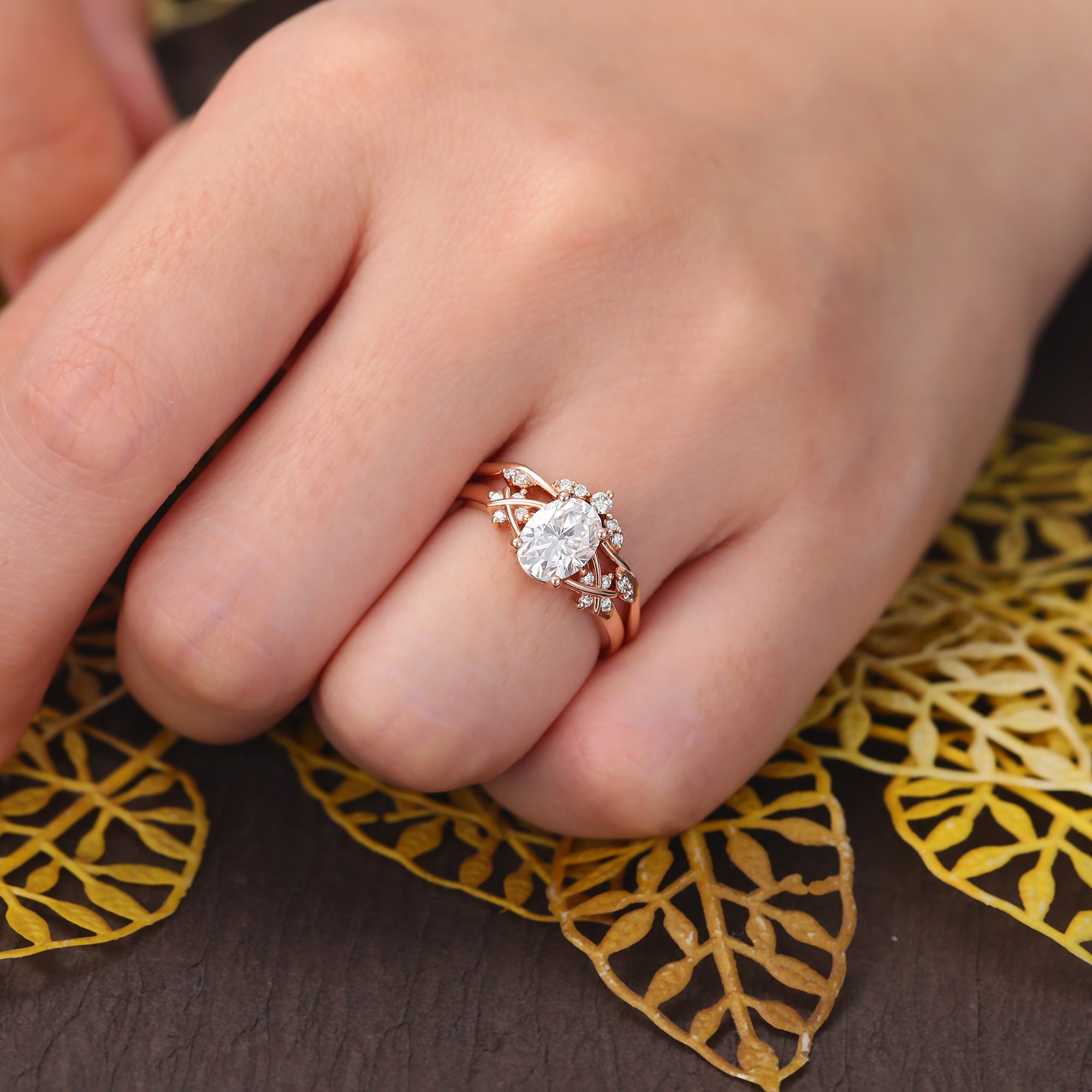 Vintage Oval Moissanite Engagement Ring Set  Cluster ring Rose white/yellow/Gold Bridal Wedding band.S925/10k/14k/18k