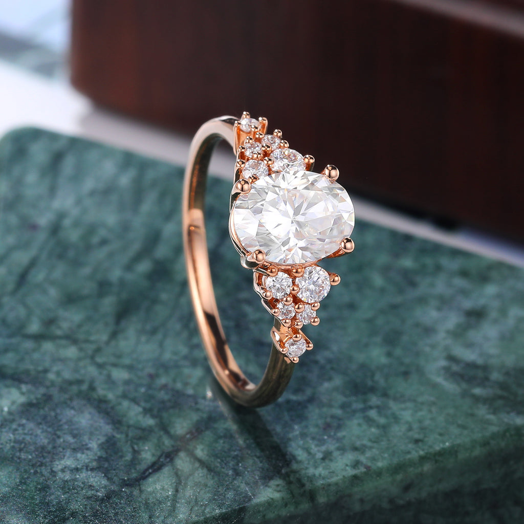 Oval moissanite engagement ring, Cluster rose gold white gold ring, S925/10K/14/18k gold