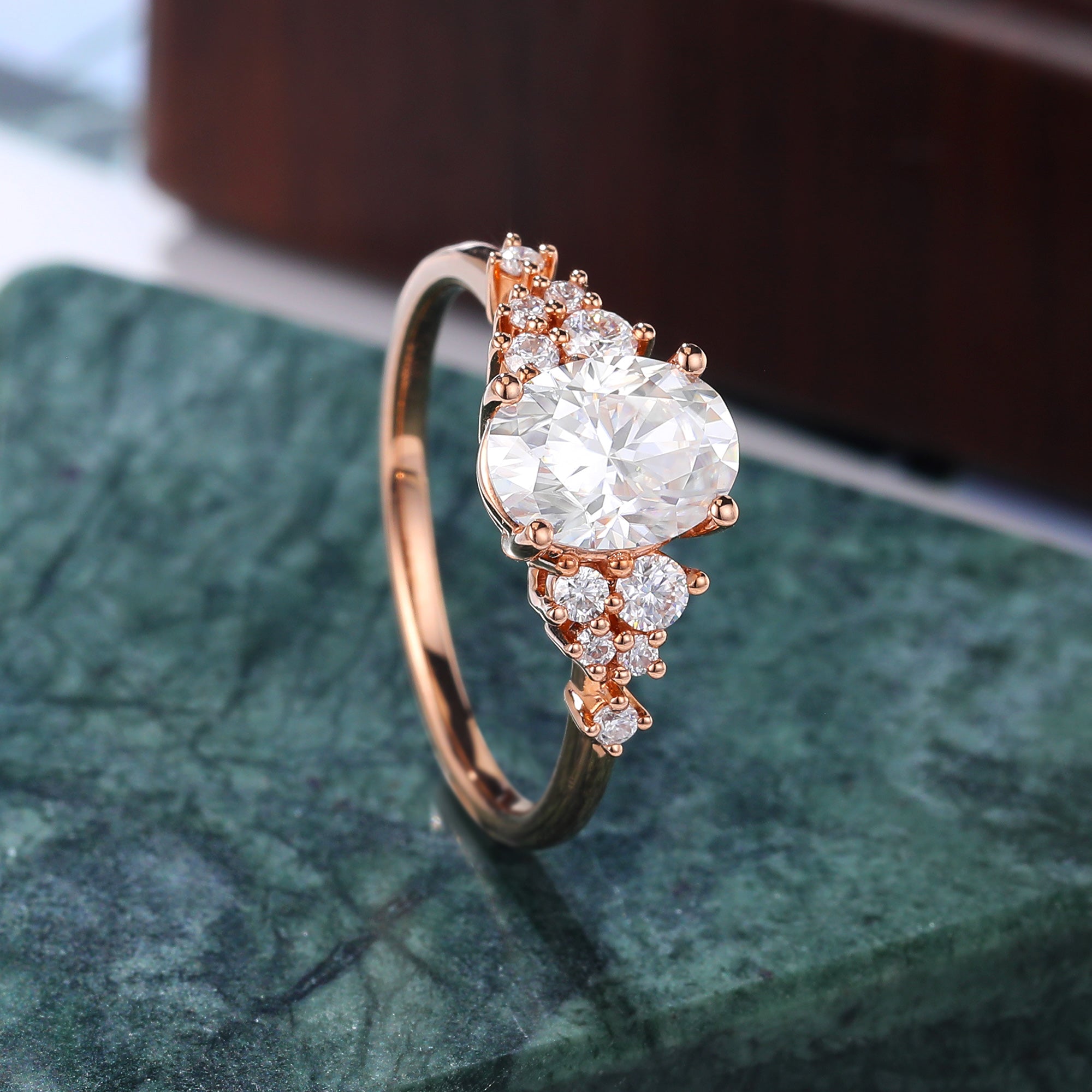 Oval moissanite engagement ring, Cluster rose gold white gold ring, S925/10K/14/18k gold