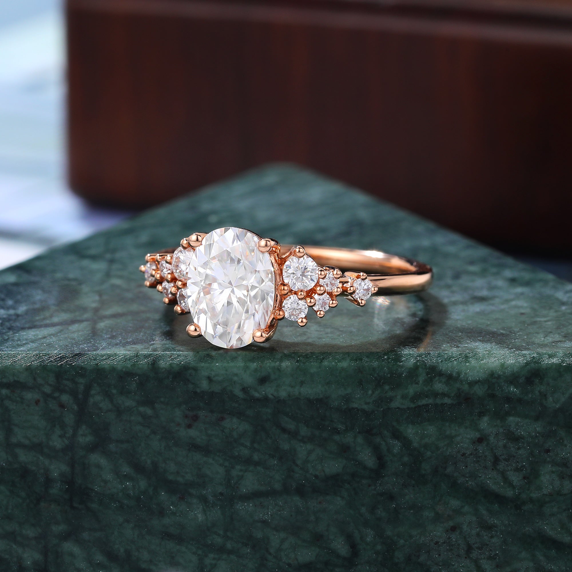 Oval moissanite engagement ring, Cluster rose gold white gold ring, S925/10K/14/18k gold