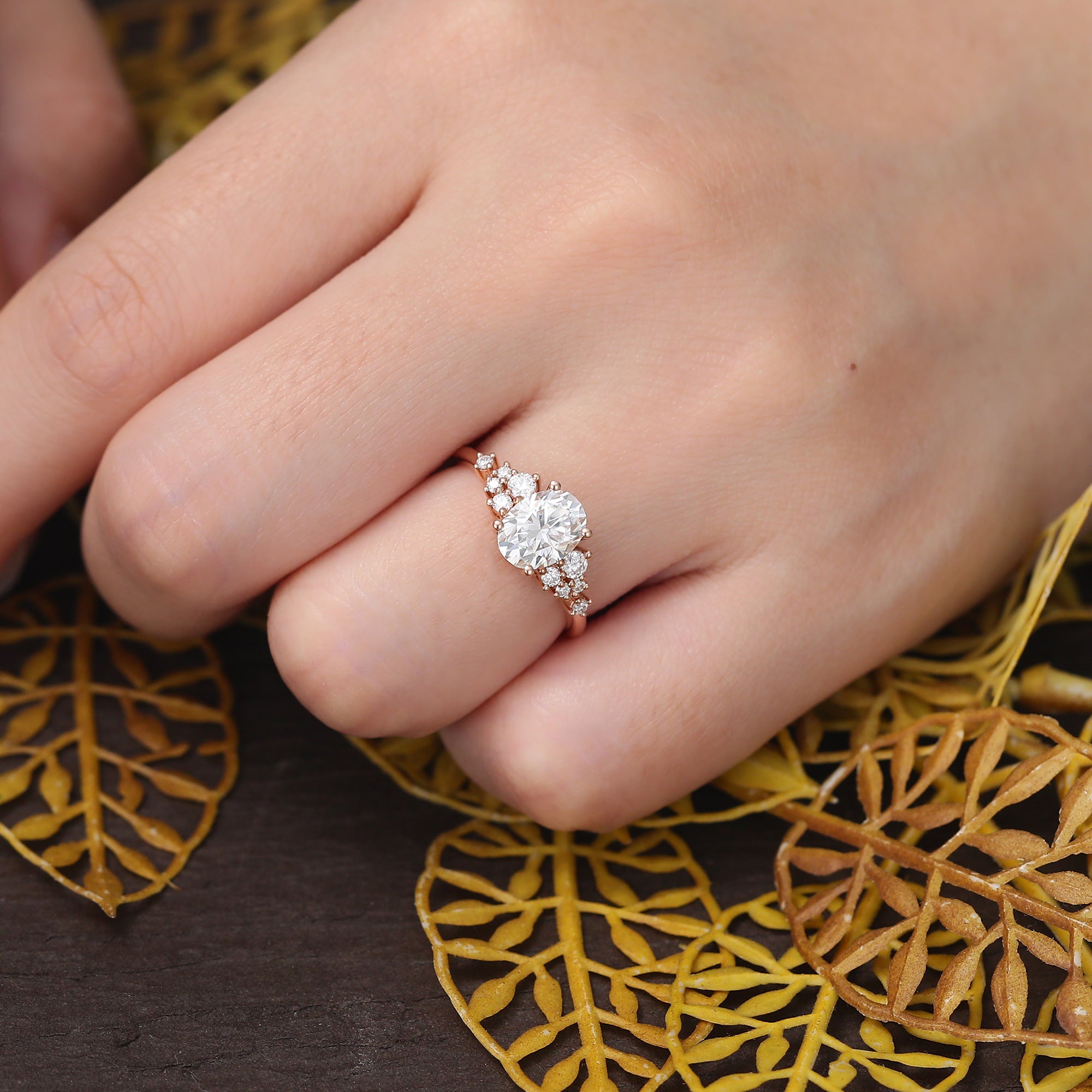 Oval moissanite engagement ring, Cluster rose gold white gold ring, S925/10K/14/18k gold