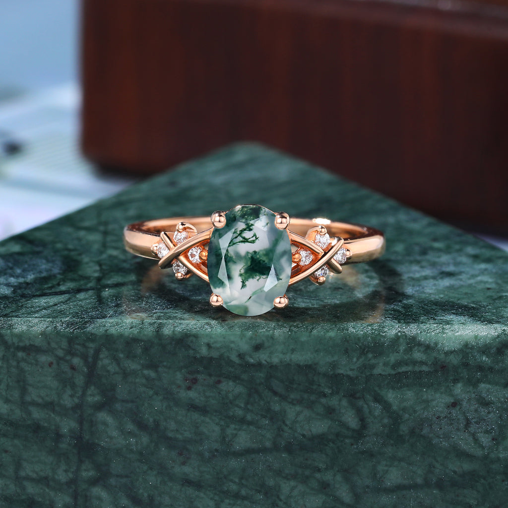 Oval cut Moss agate rose gold engagement ring S925/10k/14k/18k gold