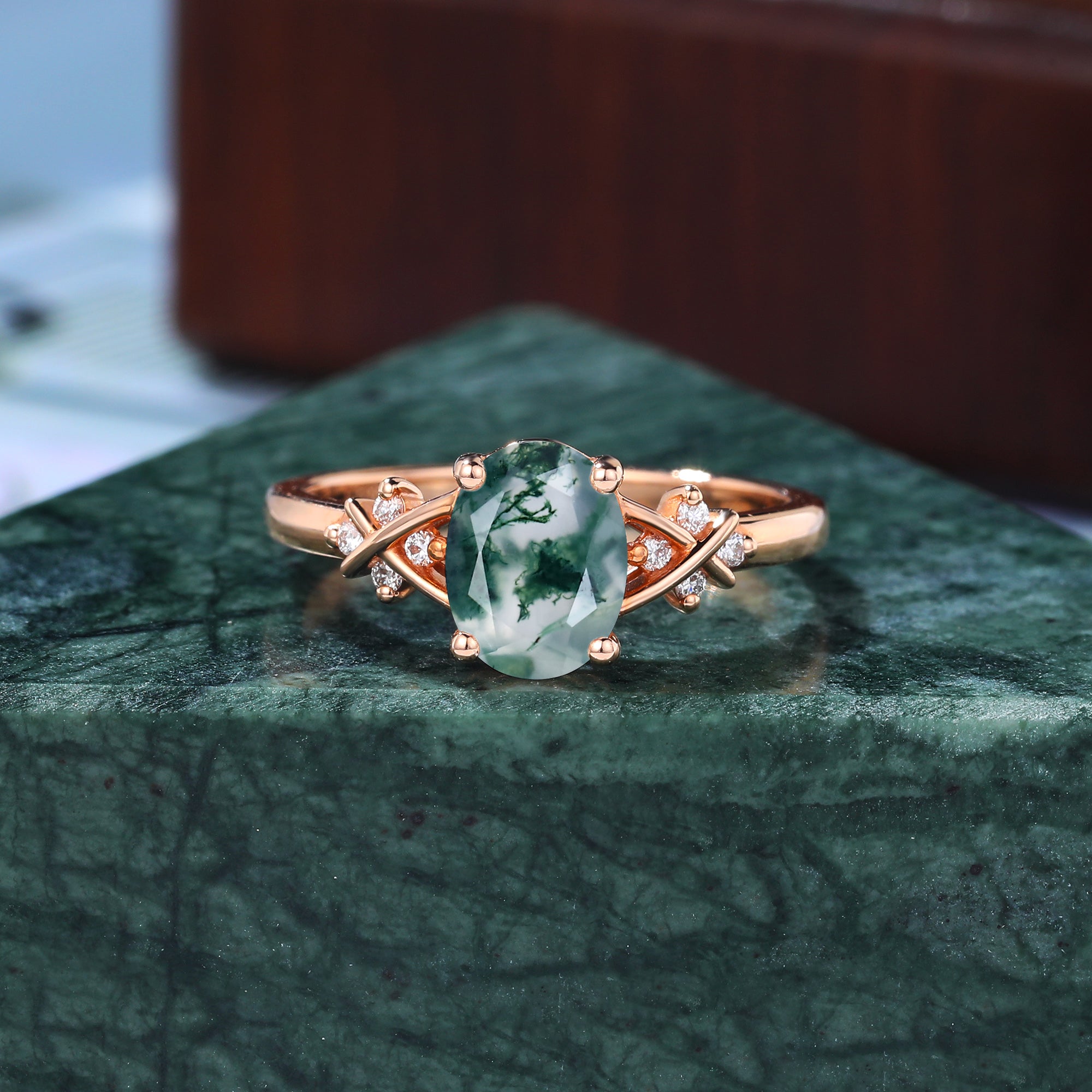 Oval cut Moss agate rose gold engagement ring S925/10k/14k/18k gold