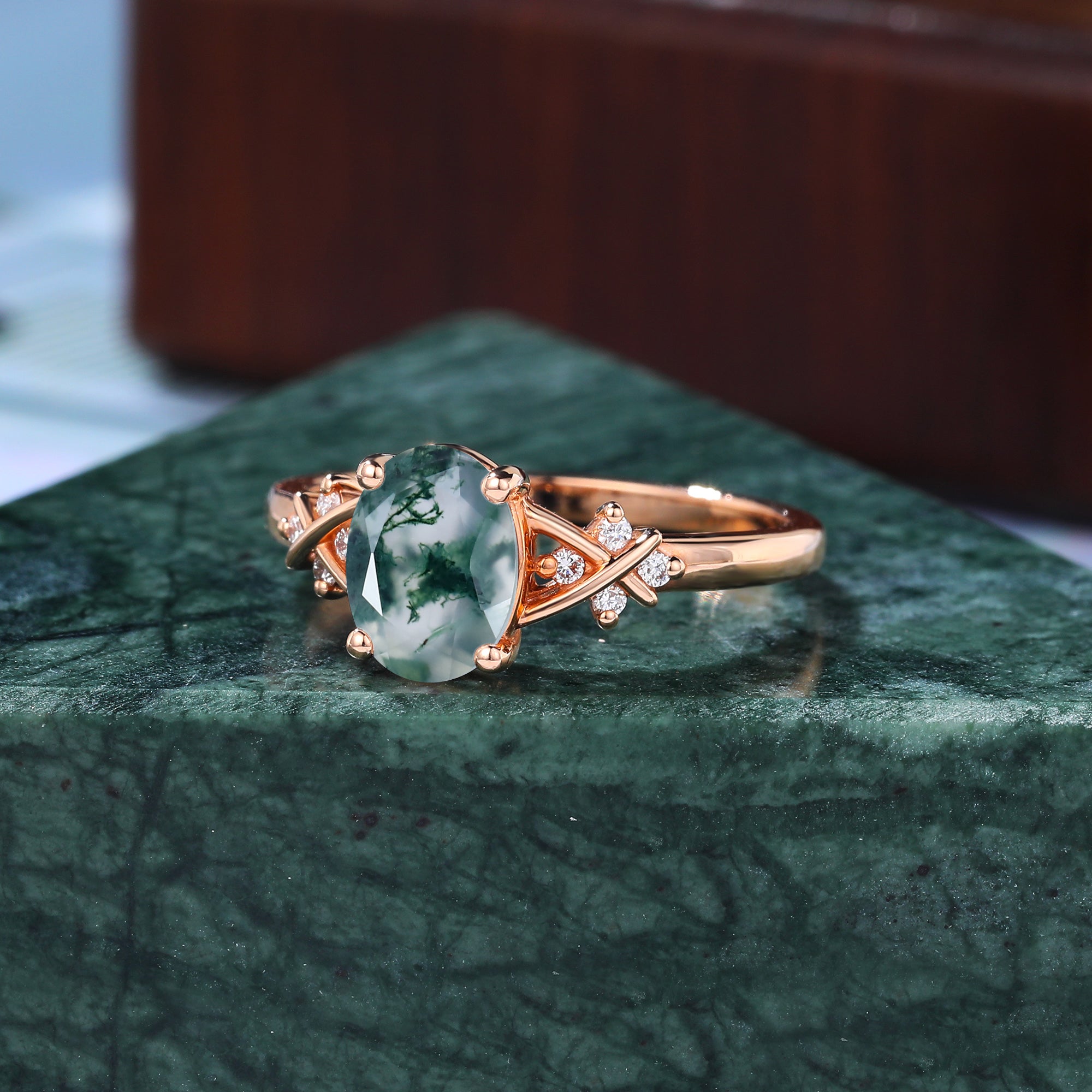 Oval cut Moss agate rose gold engagement ring S925/10k/14k/18k gold