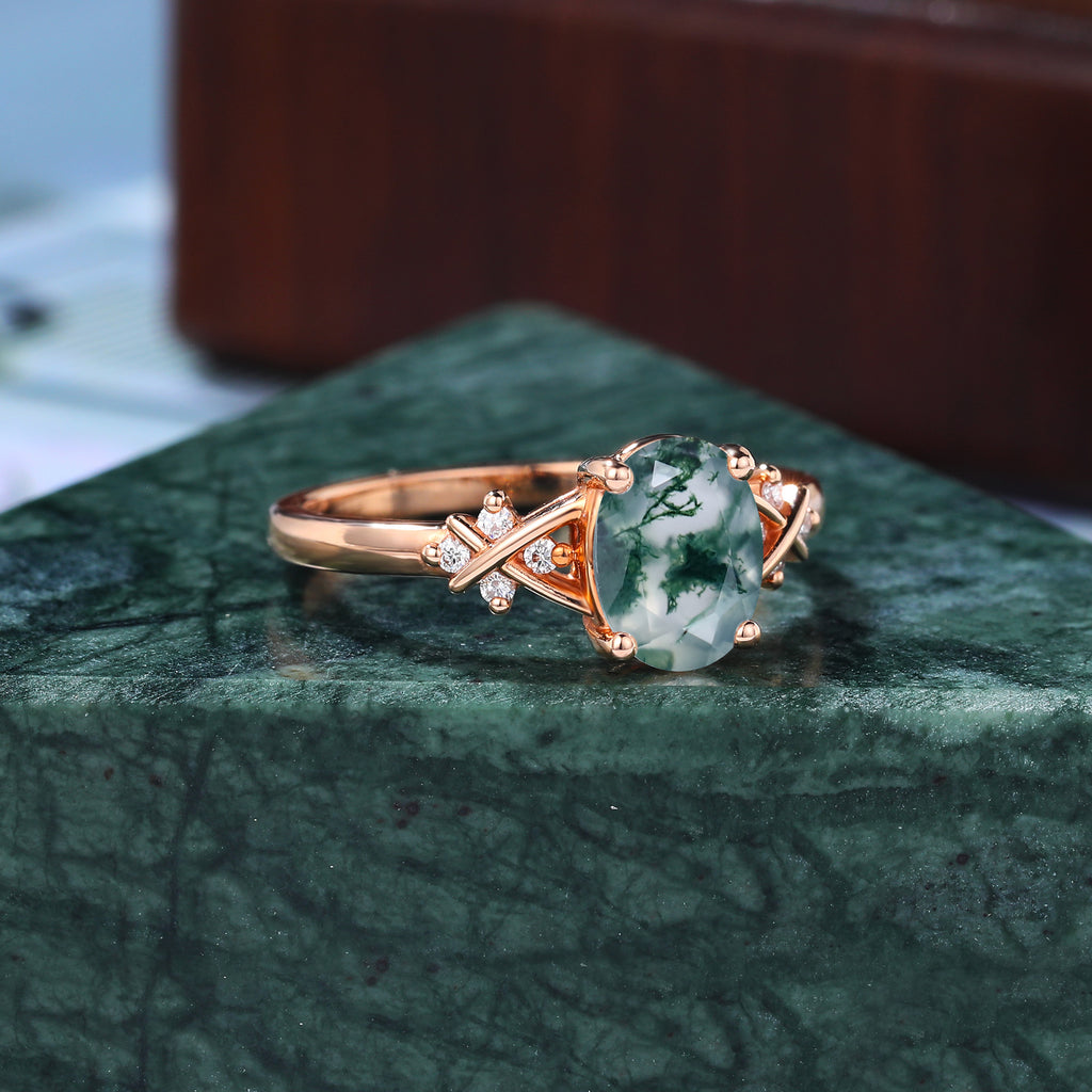 Oval cut Moss agate rose gold engagement ring S925/10k/14k/18k gold