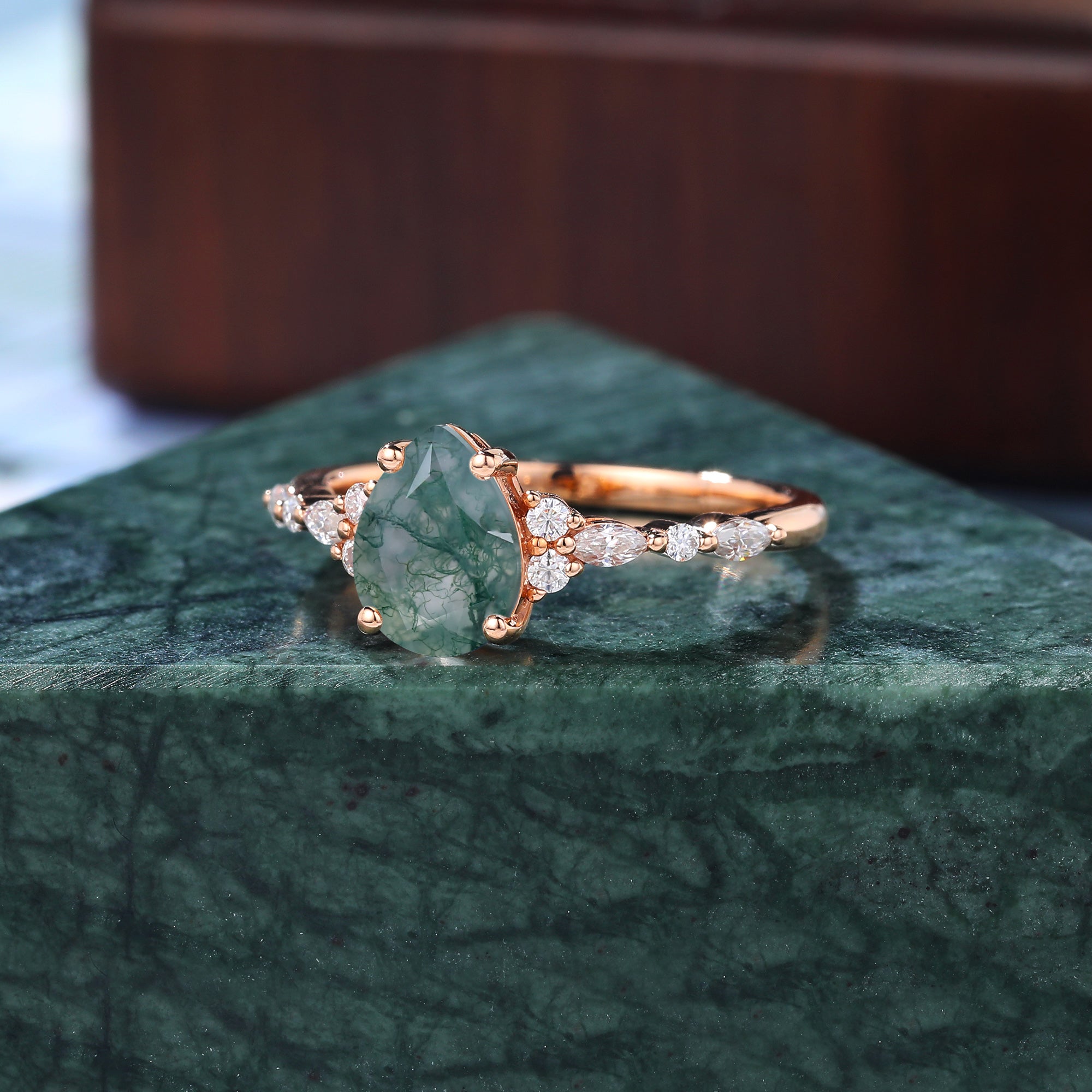 Pear shape Moss agate engagement ring S925/10k/14k/18k gold , unique bridal ring rose/white/yellow gold