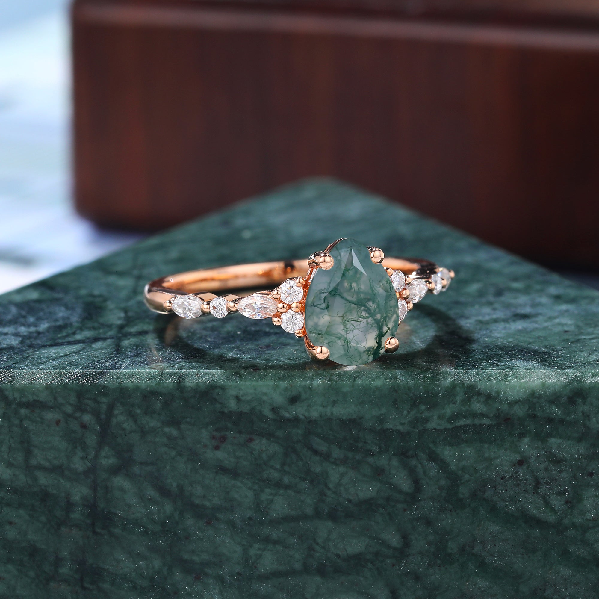 Pear shape Moss agate engagement ring S925/10k/14k/18k gold , unique bridal ring rose/white/yellow gold