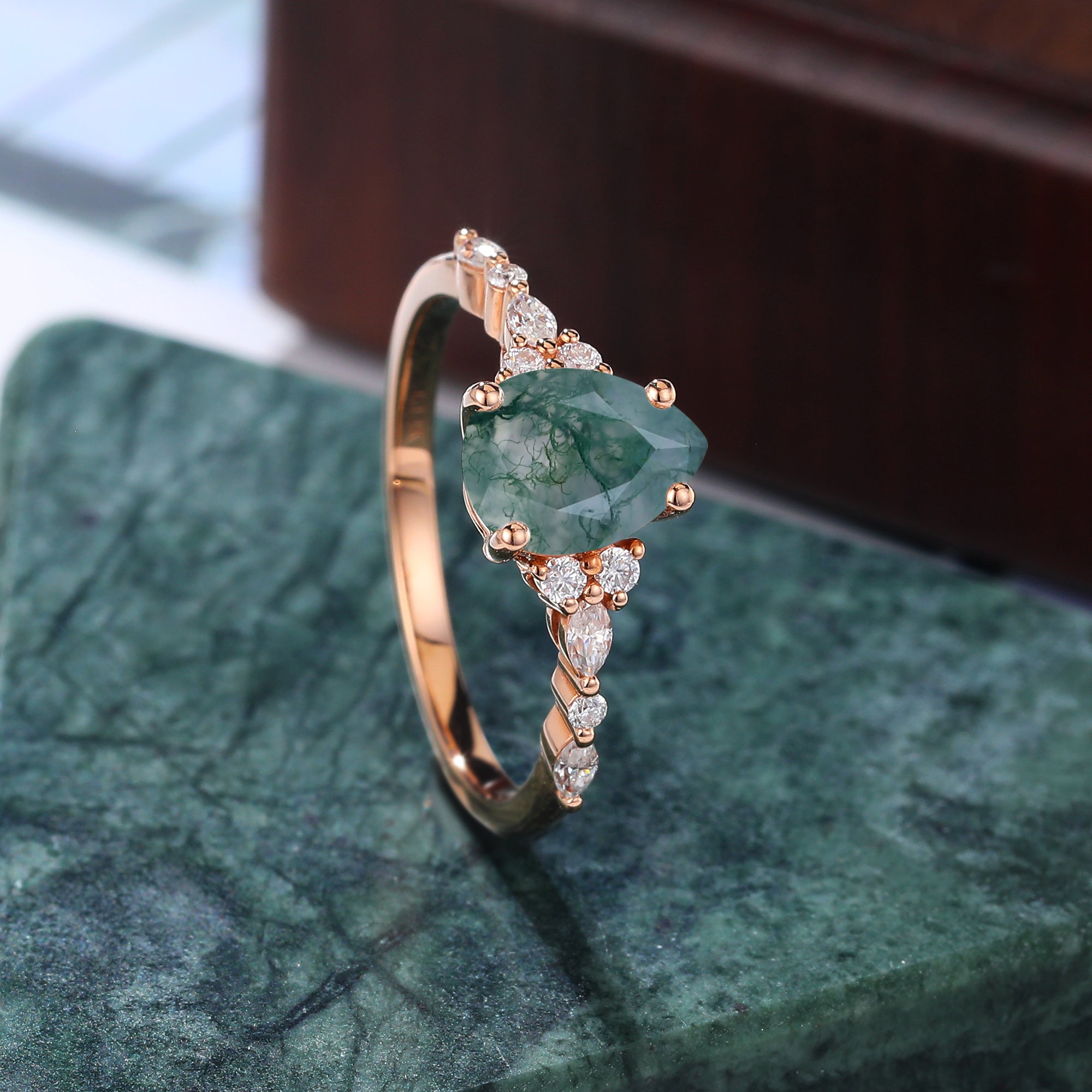 Pear shape Moss agate engagement ring S925/10k/14k/18k gold , unique bridal ring rose/white/yellow gold