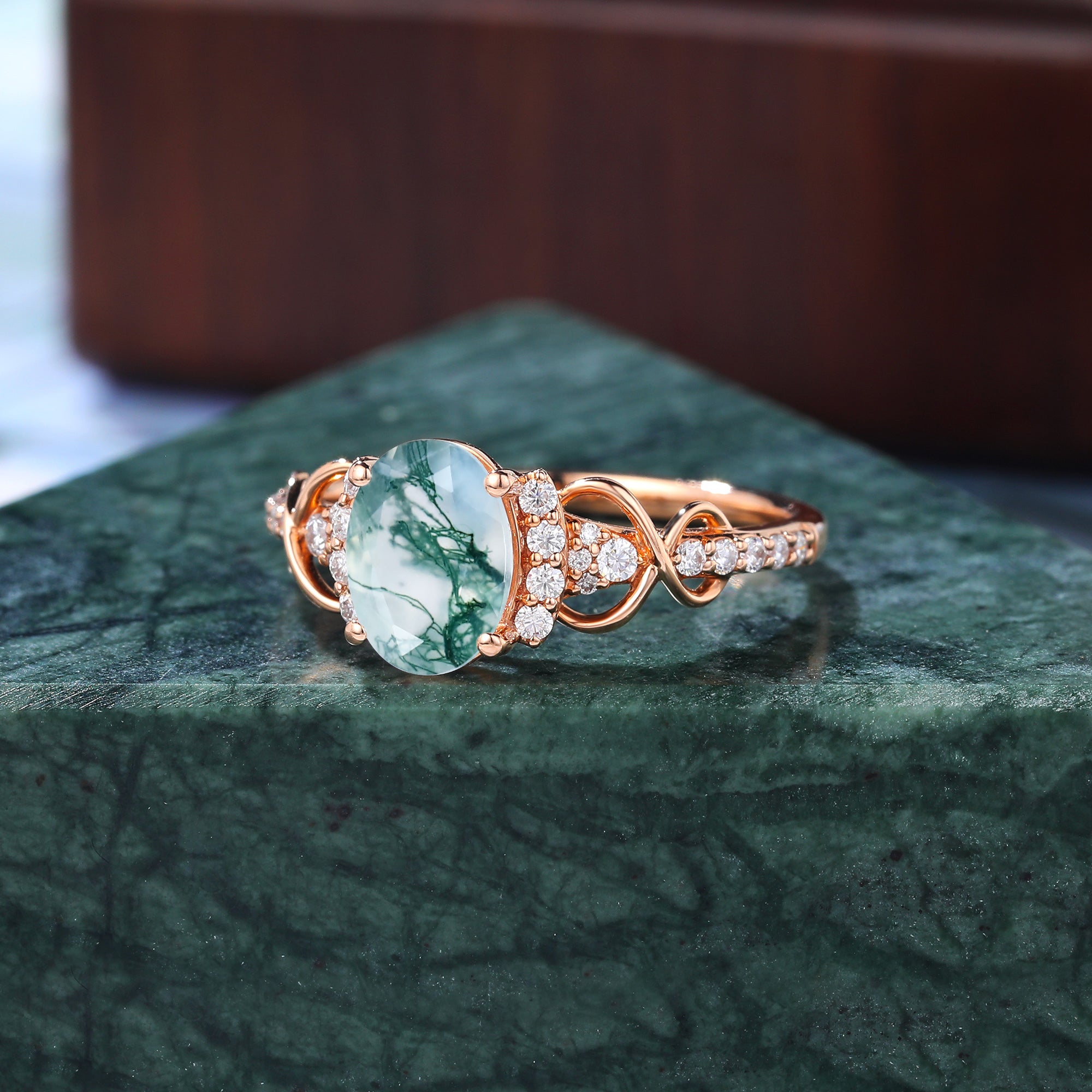 Oval cut Moss agate engagement ring S925/10k/14k/18k gold