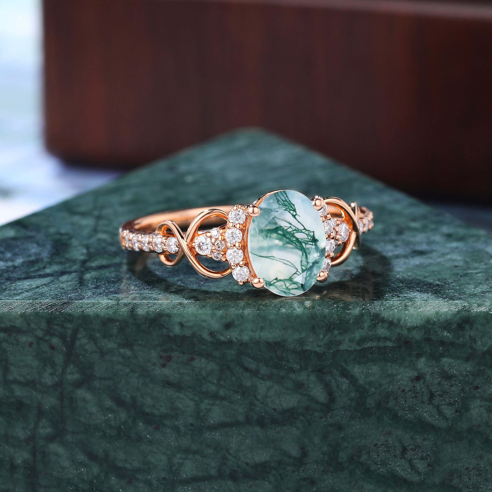 Oval cut Moss agate engagement ring S925/10k/14k/18k gold