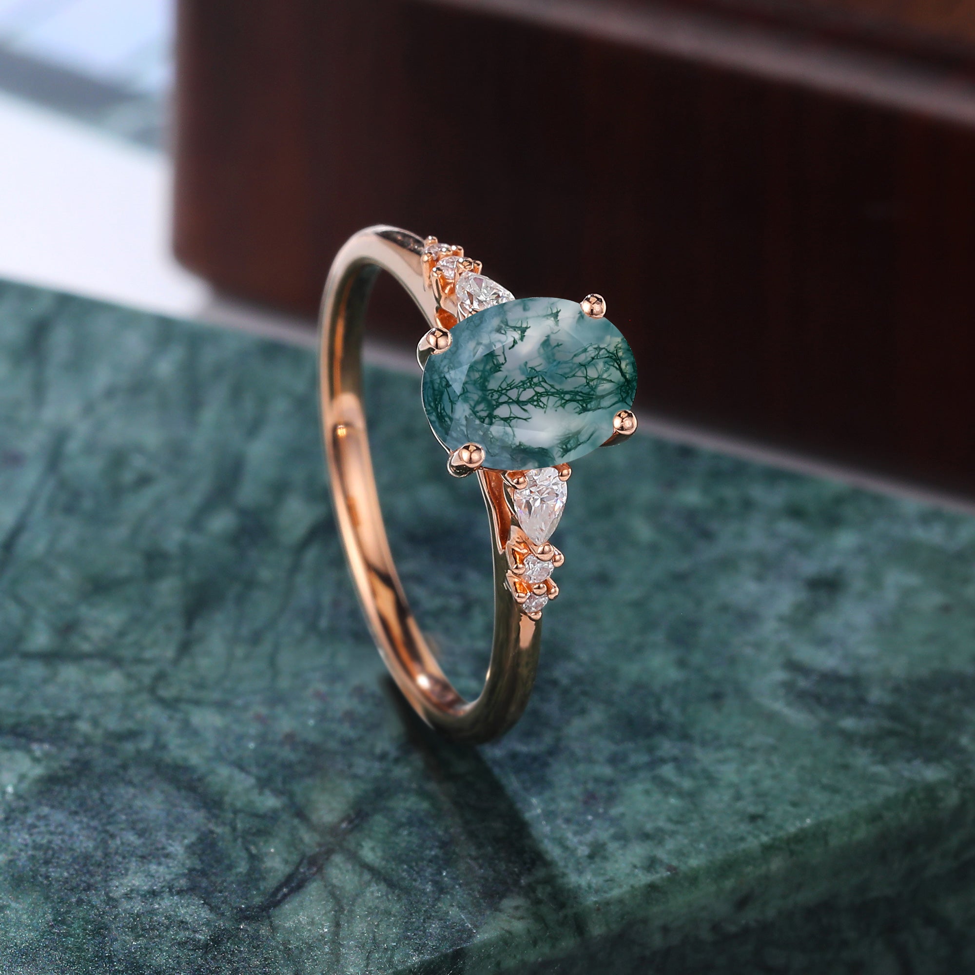 Oval cut Moss agate rose gold engagement ring S925/10k/14k/18k gold.
