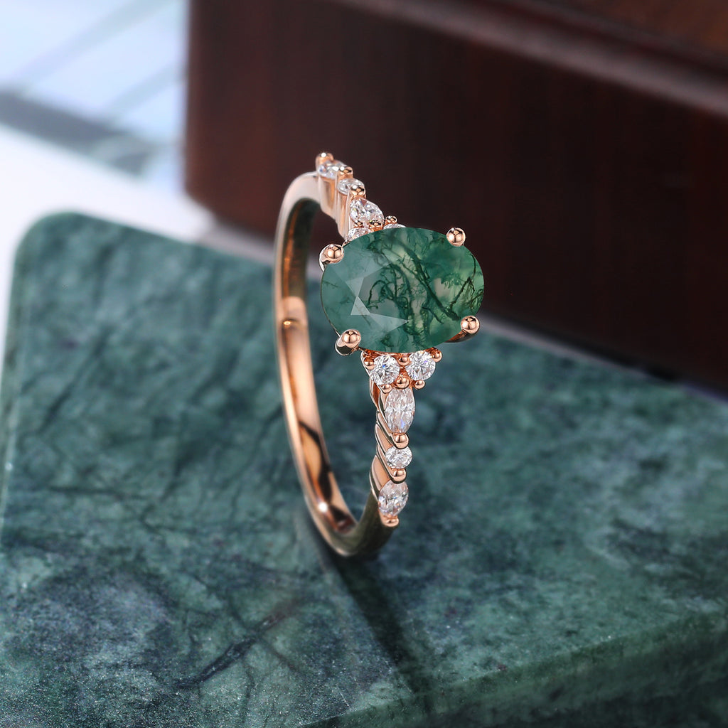 Oval cut Moss agate engagement ring S925/10k/14k/18k gold , unique bridal ring rose/white/yellow gold.